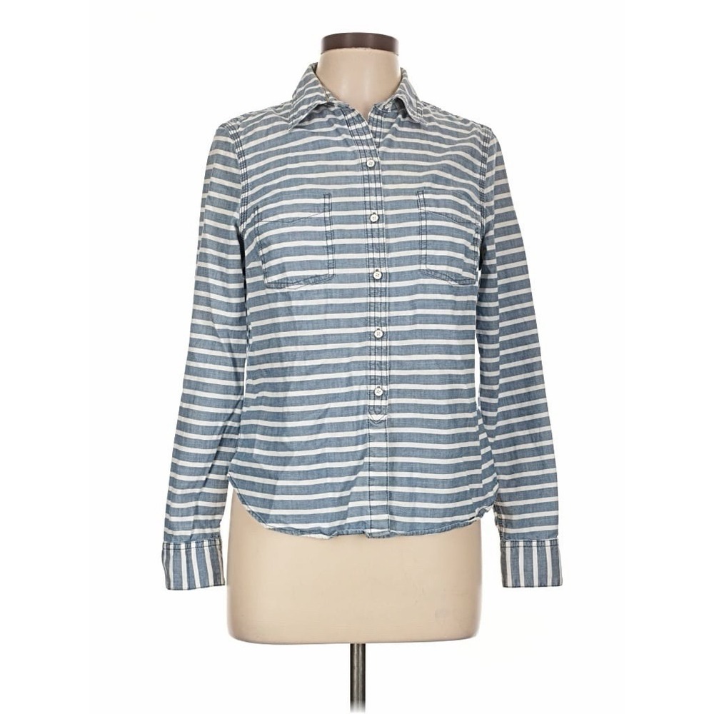 Lands End Women's Blue White Stripe Button Front 100% Cotton Shirt Size 12